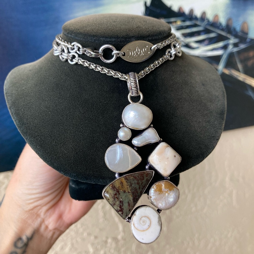 925 sterling silver overlay charm Pearl abalone fossil shiva eye shell necklace. - Picture 5 of 11